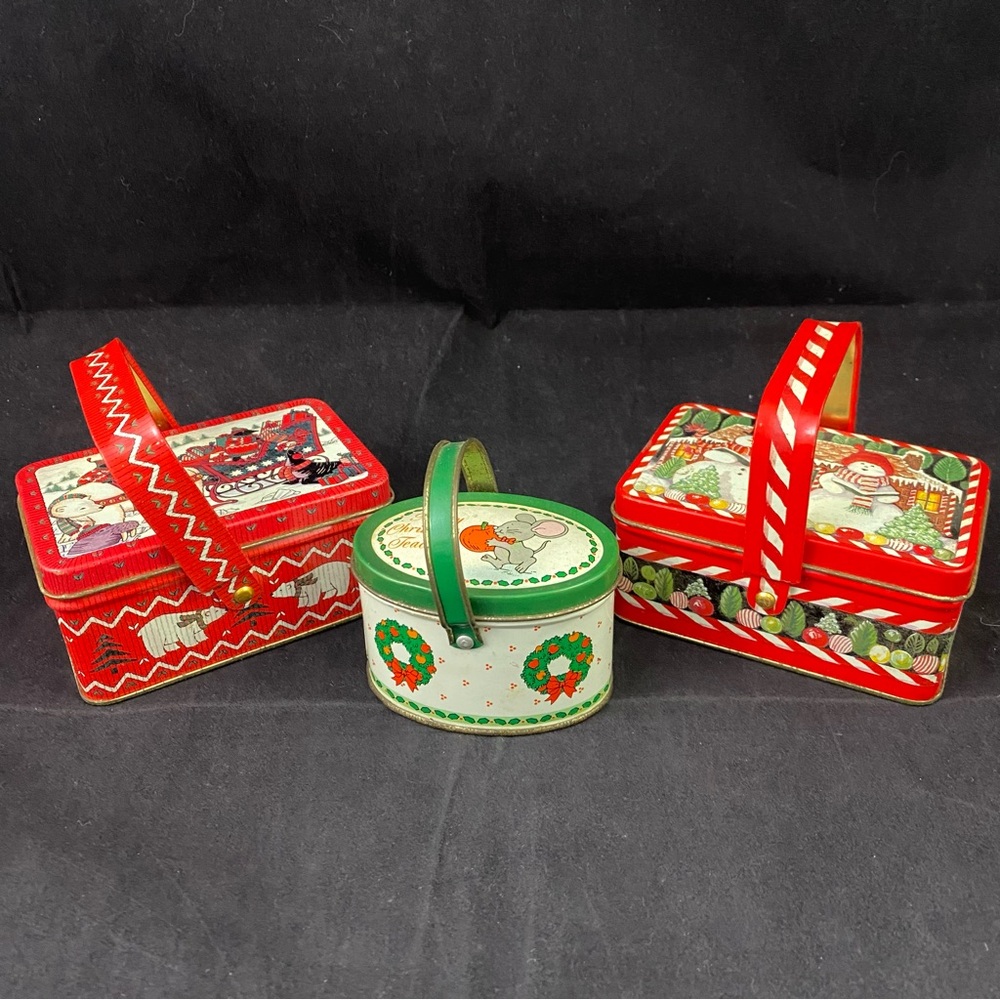 Vintage Christmas Basket Tins Small Lot of 3 Mouse Snowman Penguin Polar Bear